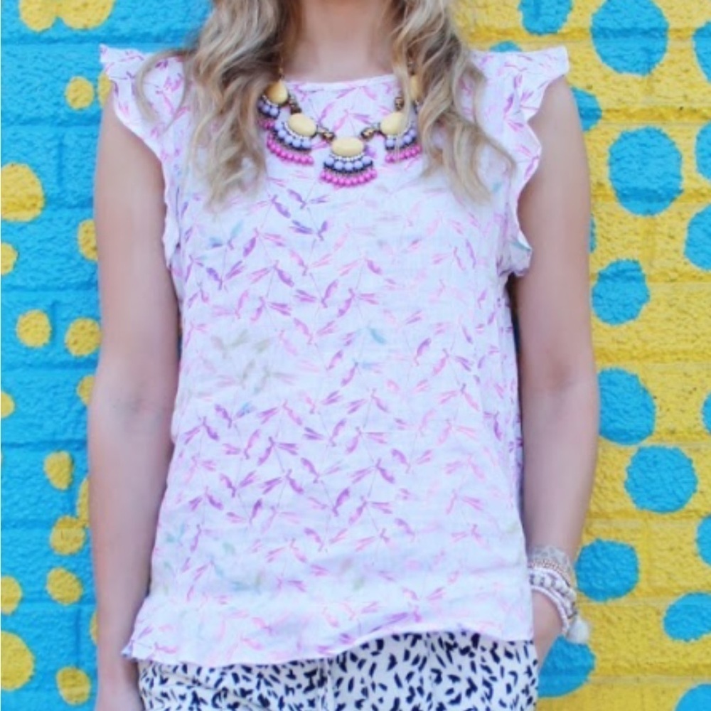 ❤️2/$30❤️[S]Joe Fresh Women Linen Blouse - Purple and White Dragonfly Print NWOT